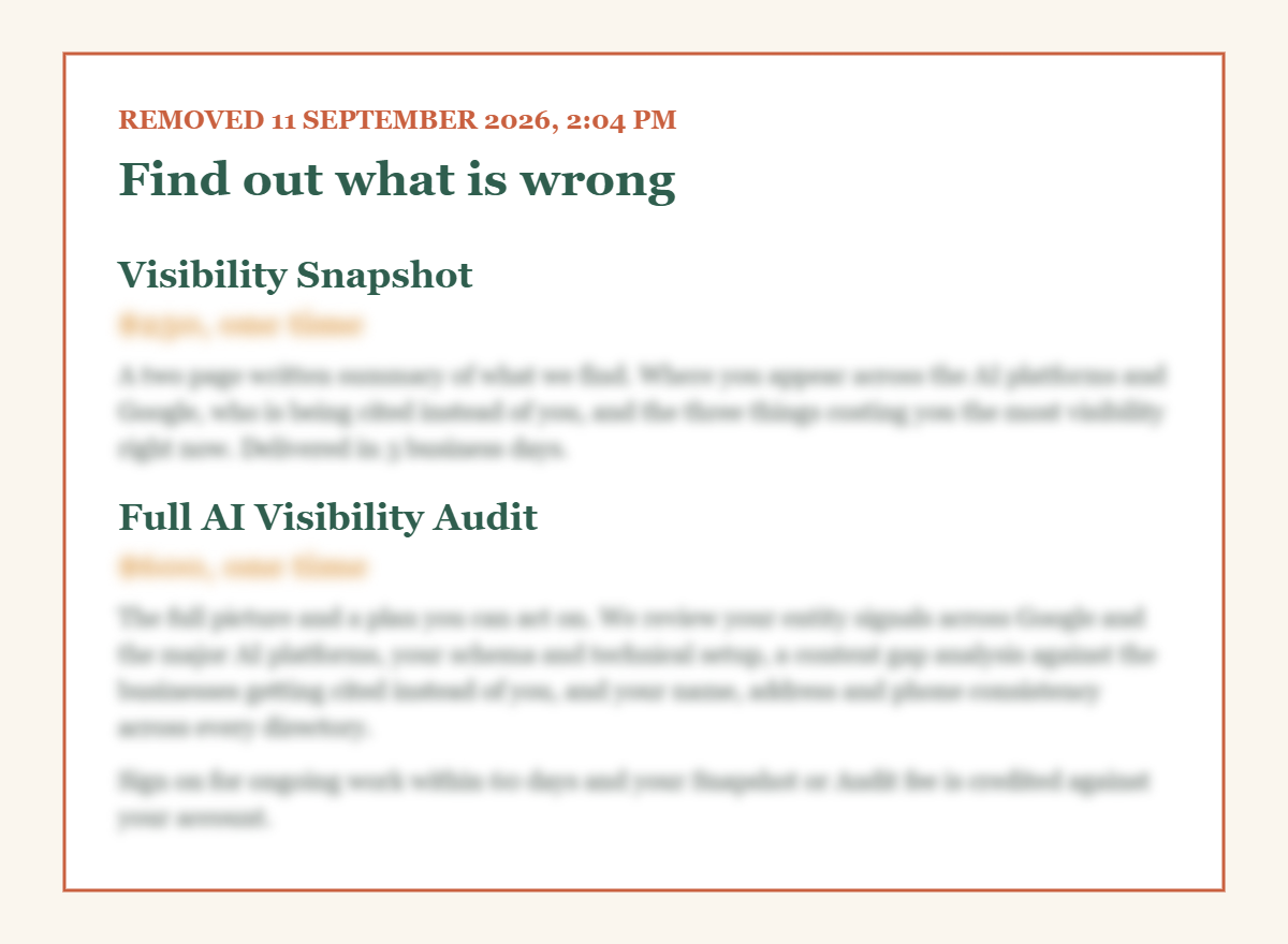 The removed GeoVize pricing section, dated 11 September 2026 at 2:04 pm, showing the Visibility Snapshot and Full AI Visibility Audit headings with prices and descriptions blurred